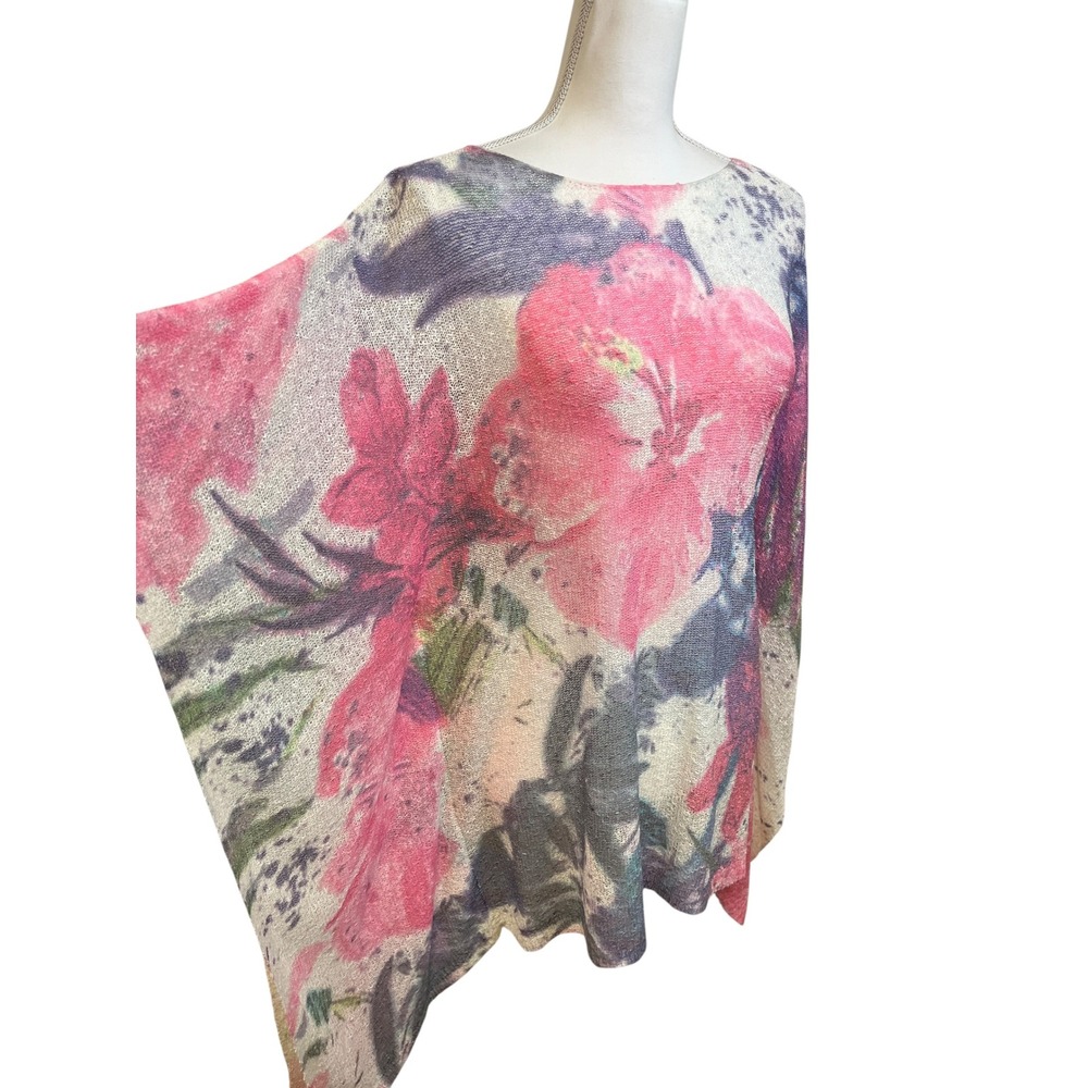 OLIVER Escio Floral Poncho Knit Sweater Sz L Pink Artsy Batwing Cottage Flowy